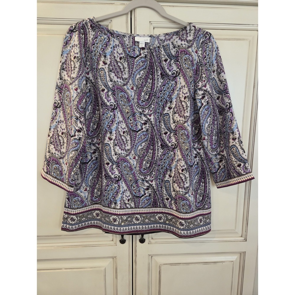 J Jill Paisley Tunic Top Women's‎ Small Petite Blue Purple White Classy Comfort